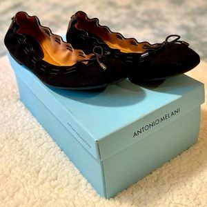 ANTONIO MELANI Muranda Black Leather Ballet Bow Flats, Sz 8M